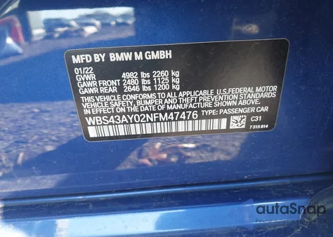 2022 BMW M3 Competition xDrive z USA, uszkodzony, nr VIN WBS43AY02NFM47476